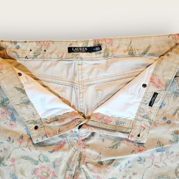 Lauren Ralph Lauren Premier Ankle Skinny Beige Floral Print Denim Jeans Size 16 - Picture 2 of 6